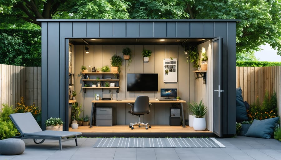 Image of an outdoor shed transformed into a multifunctional space featuring electrical installations, a gaming setup, and a workbench, highlighting modern conveniences and smart technology.