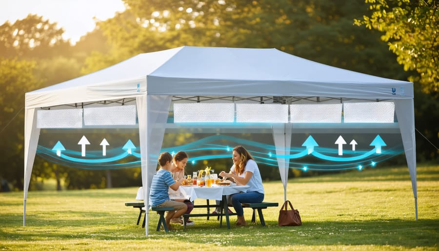 An outdoor scene featuring a vented canopy with transparent mesh vents, surrounded by people enjoying a sunny day, illustrating airflow and comfort.