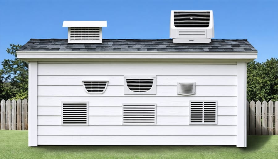 Various types of shed ventilation systems installed on a Tuff shed