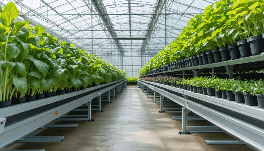Interior view of converted greenhouse showing efficient use of vertical space with hanging plants and tiered shelving