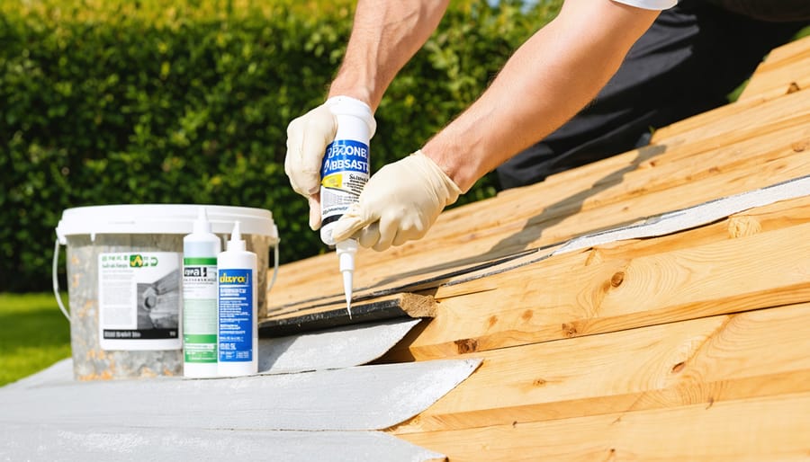 Hands applying silicone caulk to a wooden shed's roof joint, showcasing a weatherproofing process with various materials in the background such as sealants, weather stripping, and roofing felt in a garden setting.