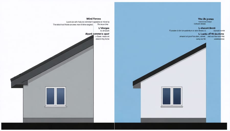 Technical illustration comparing wind pressure distribution between standard and L-shaped roof structures