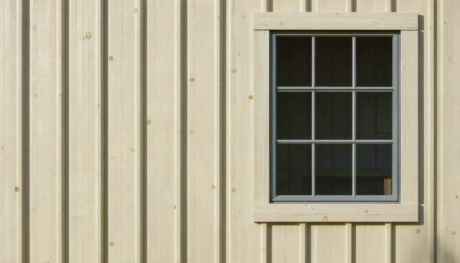DIYer using measuring tape and saw to create window opening in shed wall