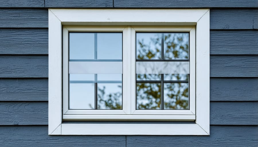 Detailed view of window frame installation with visible weatherproofing components