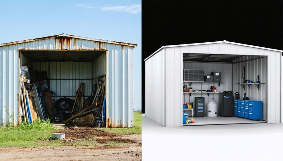 Split-screen image of a shed interior, comparing a cluttered, rust-damaged side with mold to a neatly organized, climate-controlled space with advanced features.