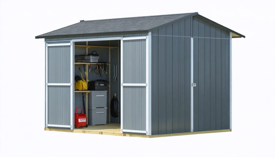 Detailed blueprint diagram of 8x8 shed construction with labeled storage areas and components