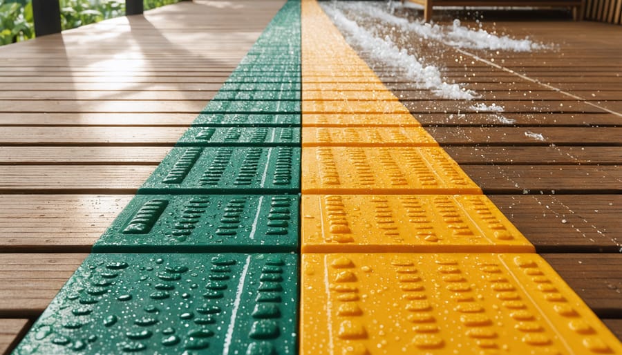 A vibrant, all-weather outdoor mat showcasing durability in various weather conditions, with raindrops flowing through drainage channels and sunlight enhancing its UV-protected surface.