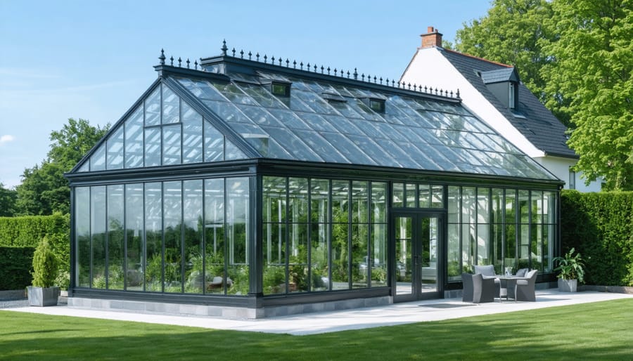 Modern four-season greenhouse extension connected to a two-story home with large glass panels