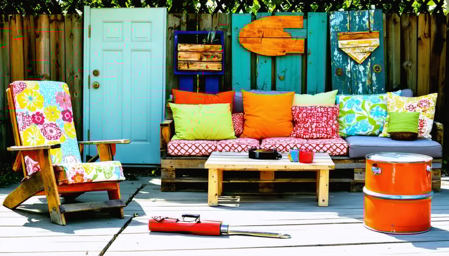 A conceptual illustration of a backyard featuring upcycled furniture, including a pallet sofa, a suitcase chair, a door coffee table, and metal drum seating, highlighting the creative transformation of old materials into new outdoor pieces.