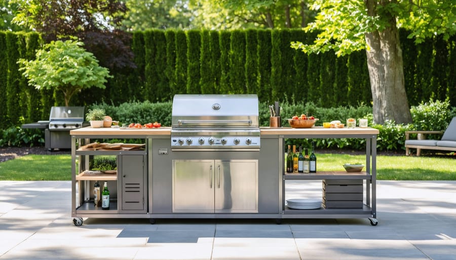 A modern outdoor kitchen featuring a grill station, prep counter, and weather-resistant storage, set in a sunny backyard environment.