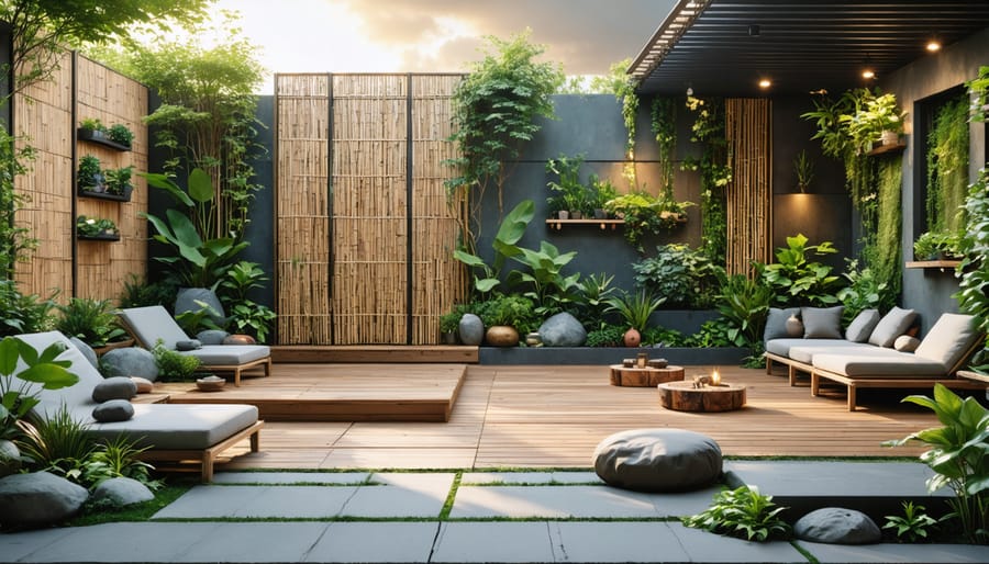 Serene backyard wellness retreat with zones for meditation, exercise, and social gatherings, featuring bamboo screens, a pergola, and native plants.