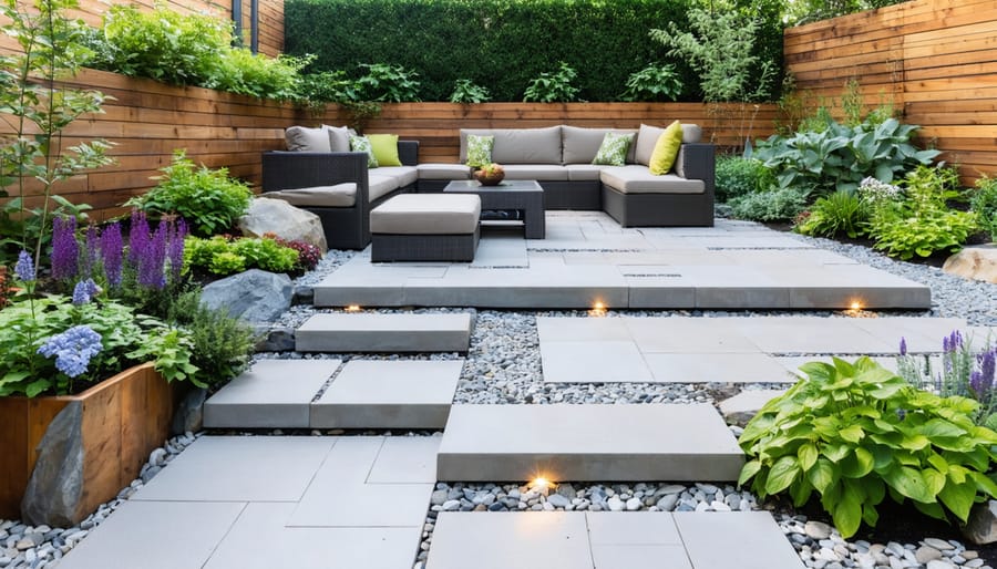 A beautifully designed eco-friendly patio featuring recycled wood furniture, permeable pavers, and lush native plants. Solar-powered lights illuminate the space, and a rain garden highlights sustainable water management.
