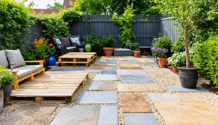 A picturesque backyard featuring diverse flooring options including gravel pathways, a rustic wooden pallet deck, and creatively painted concrete sections, all harmoniously integrated into a beautifully landscaped garden with vibrant plants and outdoor decor.