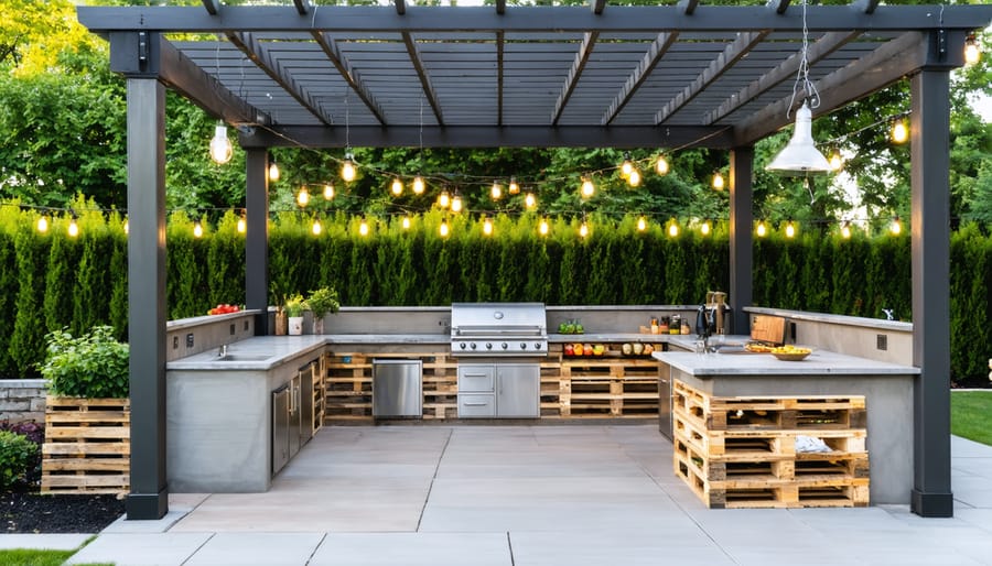 A budget-friendly backyard outdoor kitchen with an L-shaped concrete countertop and built-in grill, highlighted by string lights and a simple pergola for weather protection. Repurposed wood pallets provide storage solutions, demonstrating cost-efficient and stylish outdoor cooking functionality.