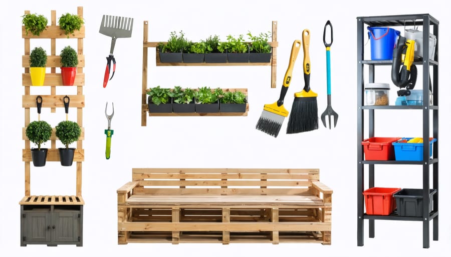 DIY outdoor storage solutions featuring a wooden pallet converted into a vertical garden tool organizer, a weatherproof storage bench from pressure-treated wood, and upcycled plastic bins holding various gardening and outdoor equipment.