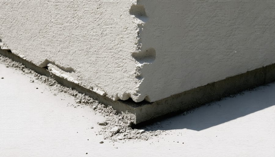 Detailed view of waterproofed foundation corner showing proper sealing technique and materials