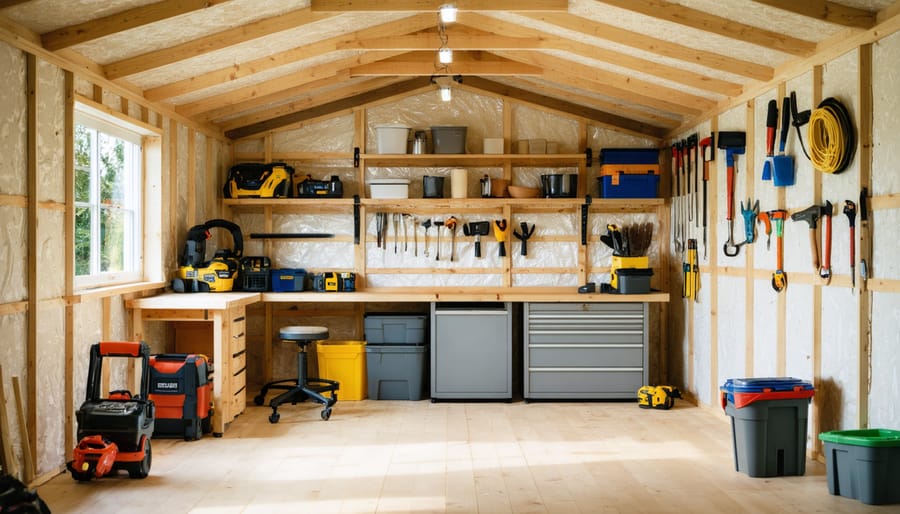 Insulated shed interior transformed into a cozy workspace with organized tools and a work desk, highlighting the efficient insulation between wooden wall studs.
