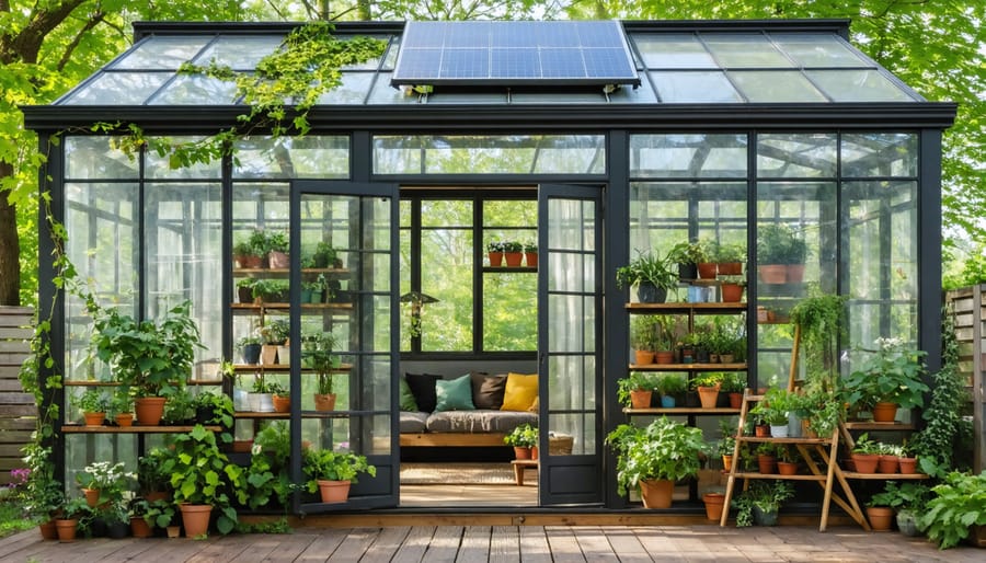 Interior view of a greenhouse-she shed featuring abundant natural light, rustic wooden shelves with plants, and a cozy reading nook among vines, highlighting eco-friendly features like solar panels and rainwater collection system.