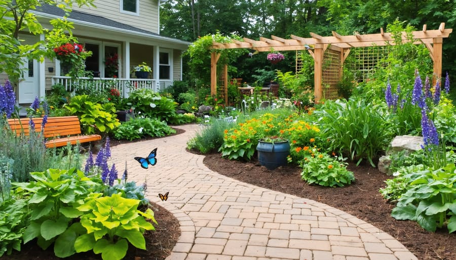 A beautifully landscaped eco-friendly home garden featuring native plants, a drip irrigation system, layers of mulch, and visible rain barrels. The garden is alive with beneficial insects and birds, embodying sustainable agriculture practices in action.