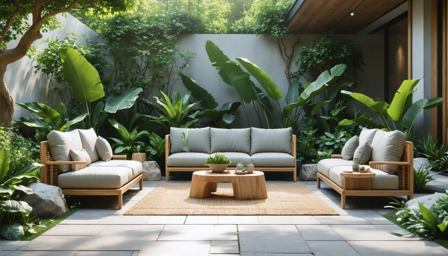 Eco-friendly patio with FSC-certified teak chairs and a table made from recycled materials, surrounded by lush greenery.