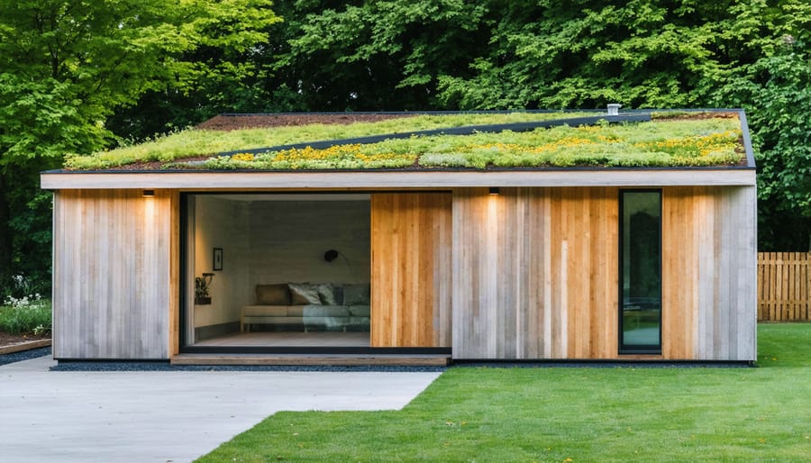 Eco-friendly 3-sided lean-to shed with green roof and reclaimed wood construction