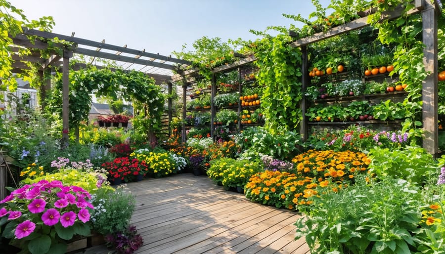 A beautiful edible landscape with vibrant flowering herbs, fruit trees, and climbing vegetables on decorative trellises, demonstrating a harmonious blend of practical gardening and aesthetic appeal.