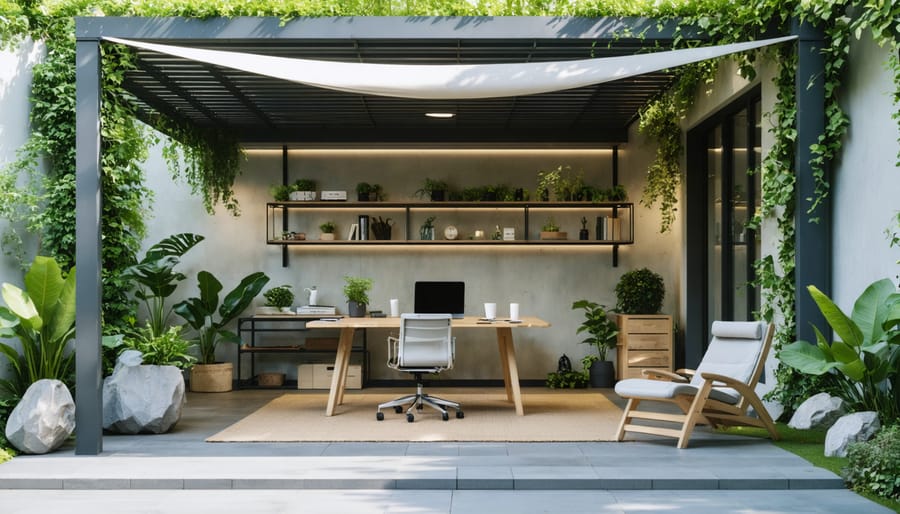 Ergonomic outdoor office setup with adjustable desk and chair, natural light management, and lush greenery for a productive and comfortable work environment.