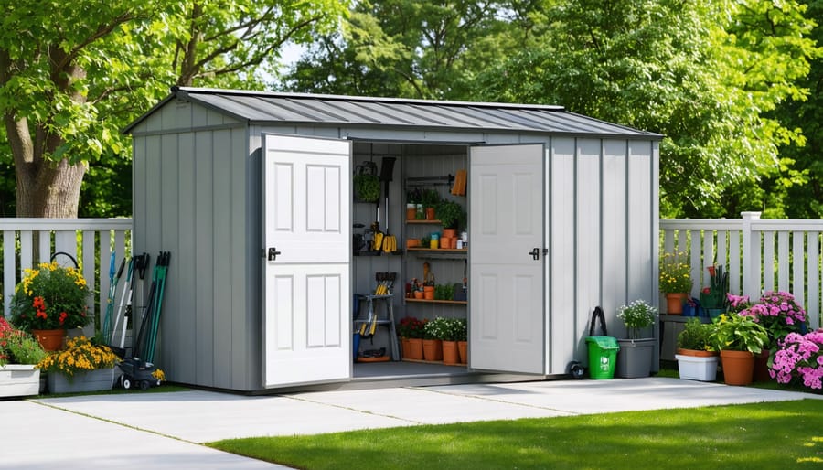 A dynamic backyard scene showing an expandable storage shed transitioning from a compact spring size to a larger summer configuration, featuring visible modular extensions and seasonal garden tools.
