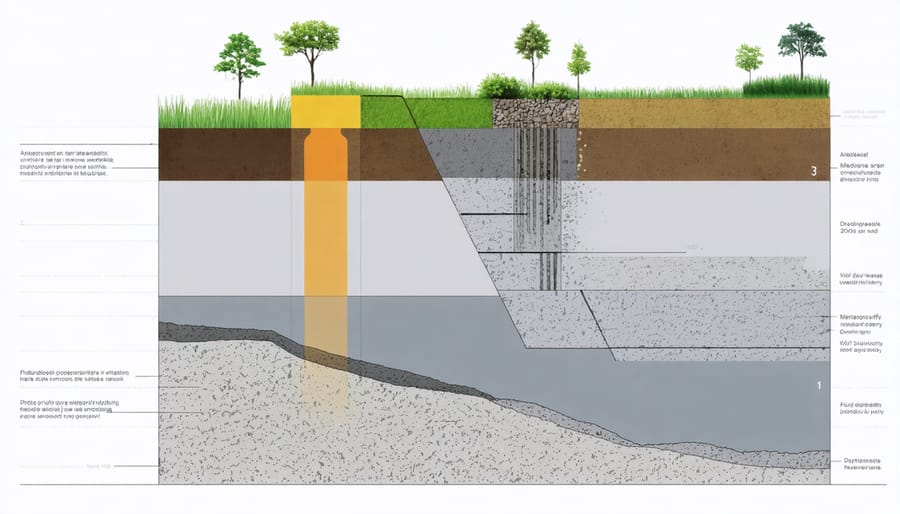 Detailed cross-section illustration of foundation waterproofing layers including membrane, sealant, and drainage components