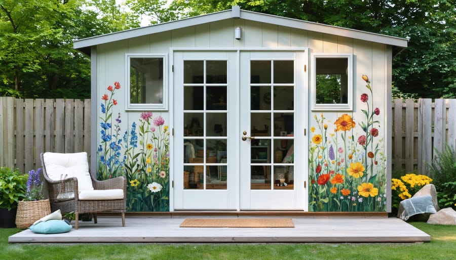 A transformed garden shed featuring large windows, botanical murals, and French doors leading to a wrap-around deck, illustrating a blend of functionality and artistic design.