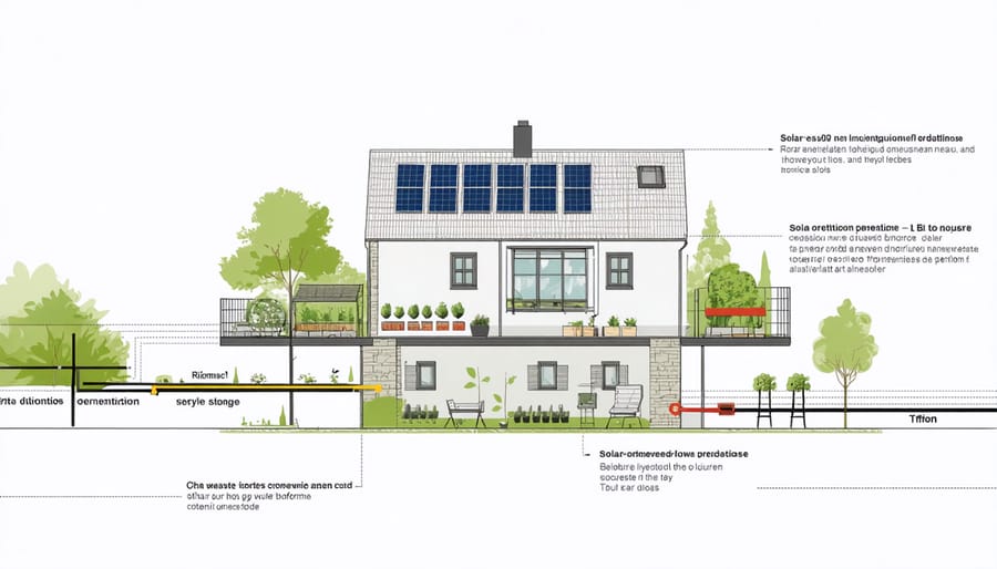Architectural diagram illustrating greenhouse positioning and temperature exchange with house