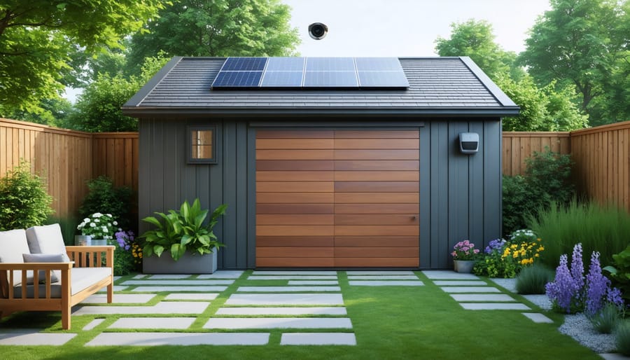 A modern storage shed equipped with solar panels, smart security cameras, a digital lock, and automated lighting, set in a vibrant garden.