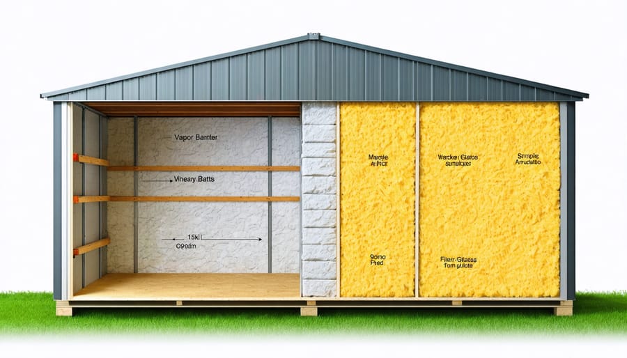 A cutaway illustration of a portable shed showing insulation layers in the walls, roof, and floor, with indications of different weather conditions to highlight the importance of insulation for year-round climate control.