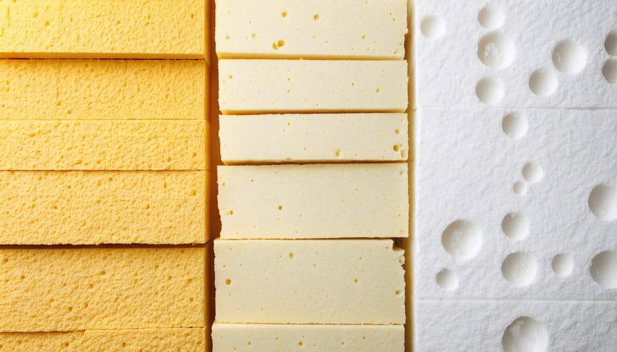 Comparison display of common shed insulation materials including fiberglass batts, foam boards, and spray foam