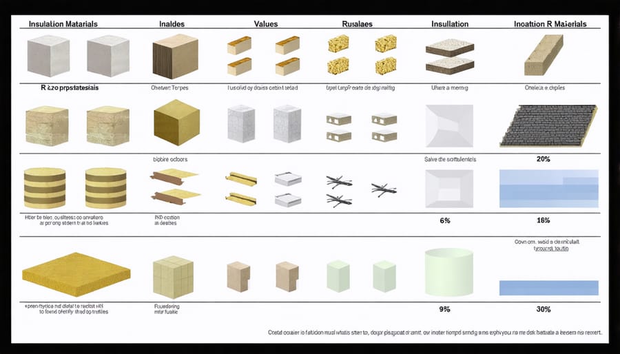 Visual comparison of insulation materials including fiberglass, foam board, and reflective barriers with their R-values