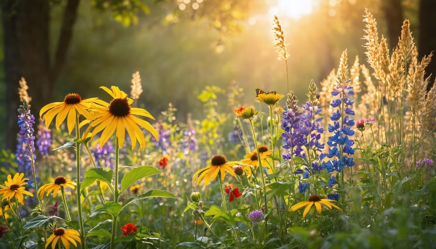 A beautiful Kansas garden with vibrant Purple Coneflowers, Black-Eyed Susans, and Butterfly Milkweed surrounded by tall Little Bluestem grasses, showcasing a sustainable, low-maintenance landscape.