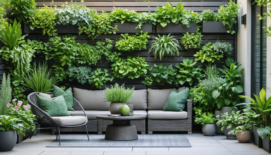 Modern patio transformed into a lush vertical garden oasis with wall-mounted planters filled with vibrant green plants and herbs creating a cozy outdoor retreat.