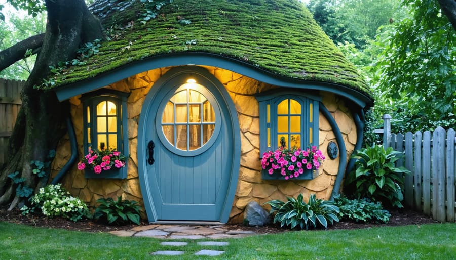 A cottage-style garden shed with diamond-shaped windows, a curved Dutch door, and flower-filled window boxes, set in a lush, whimsical backyard with enchanting lighting.