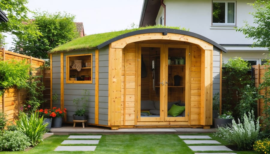 Modern eco-friendly three-sided lean-to shed with a living green roof, constructed from reclaimed wood, demonstrating sustainable and space-saving design next to a house in a garden setting.