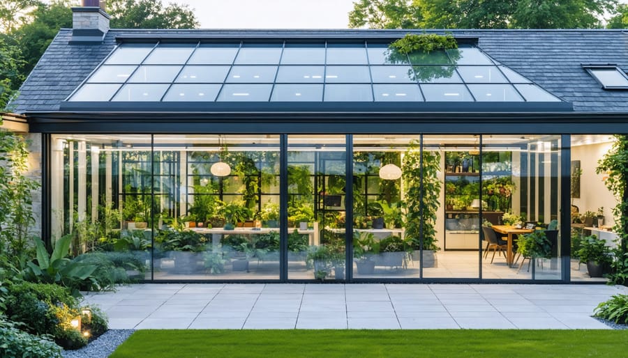 Exterior view showing a modern residential home with an attached glass-panel greenhouse, featuring a lush garden visible through the panels and showcasing the architectural integration of the greenhouse into the home.