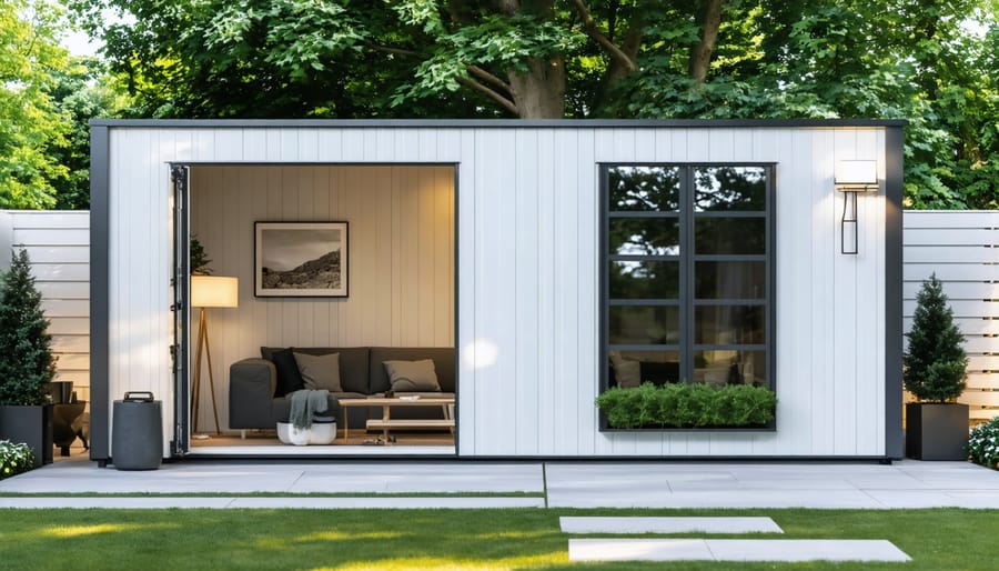 A modern modular shed in a backyard, featuring interchangeable panels, large windows, and sleek siding, surrounded by lush greenery.