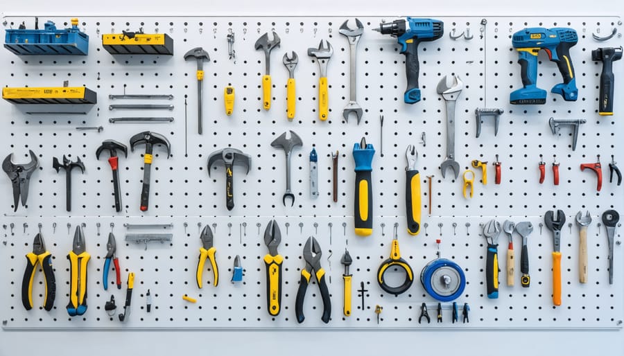 Organized garden tools mounted on a shed wall with proper spacing to prevent rust