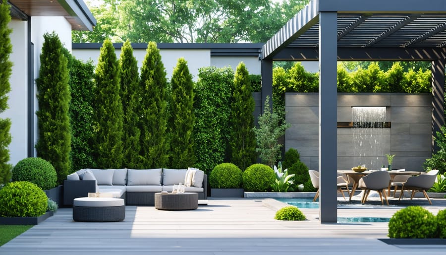 Serene backyard workspace with sound-absorbing hedges, acoustic-panel pergola, and water feature for noise reduction.