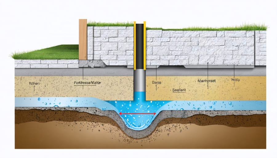 Conceptual cross-section illustration depicting a foundation with multiple waterproofing layers, including membranes, sealants, and drainage systems, showcasing how these elements create an effective water barrier.
