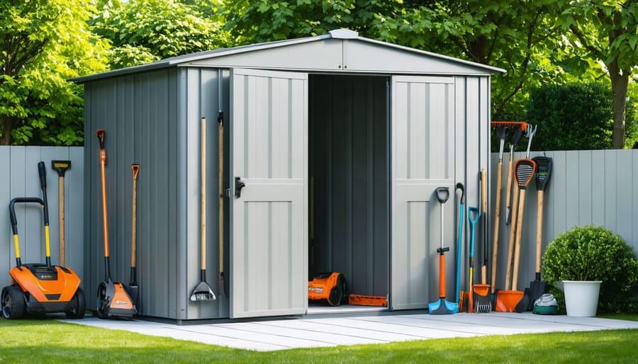 Modern plastic storage shed with built-in floor, set in a lush backyard, showcasing its sturdy and weather-resistant features, surrounded by garden tools and seasonal decorations.