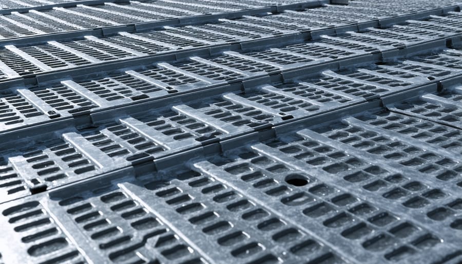 Cross-section view of heavy-duty plastic shed floor construction with support ribbing