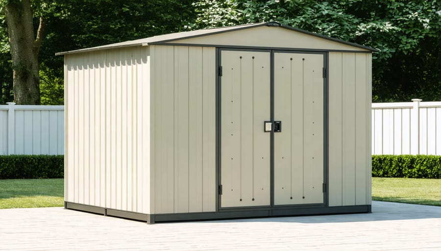Four-panel image showing key steps in assembling a plastic storage shed with integrated floor