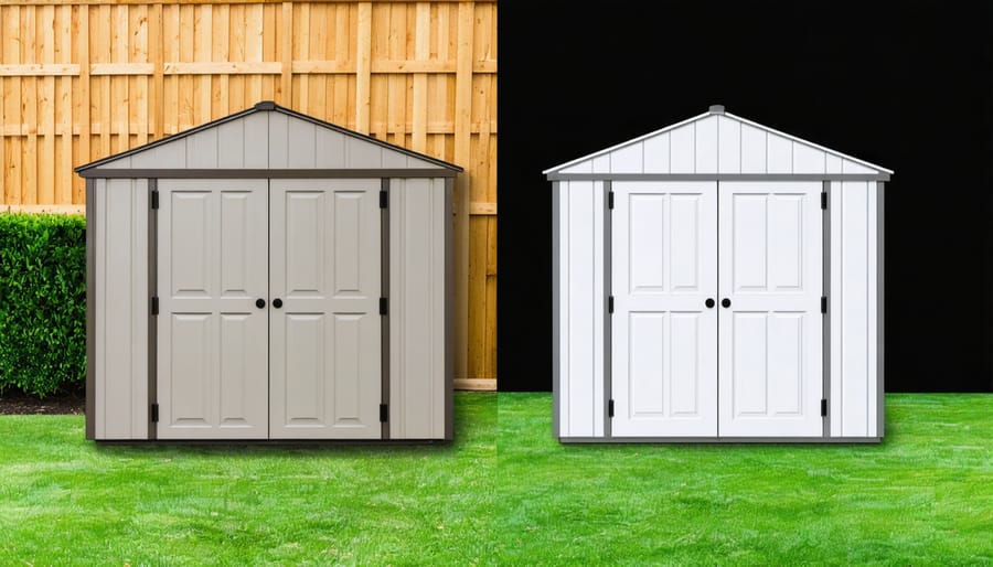 Comparison diagram showing how a plastic shed with built-in floor protects against ground moisture compared to basic shed