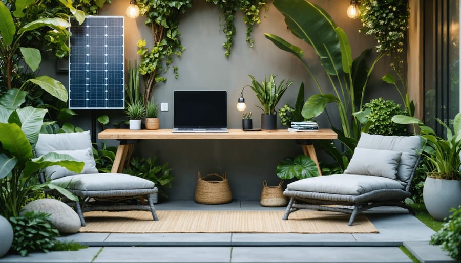 Outdoor workspace with a sleek desk, laptop, and monitor, surrounded by greenery with solar panels and weatherproof power solutions integrated into the setting.