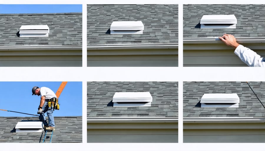 Sequential photos demonstrating ridge vent installation on a shed roof